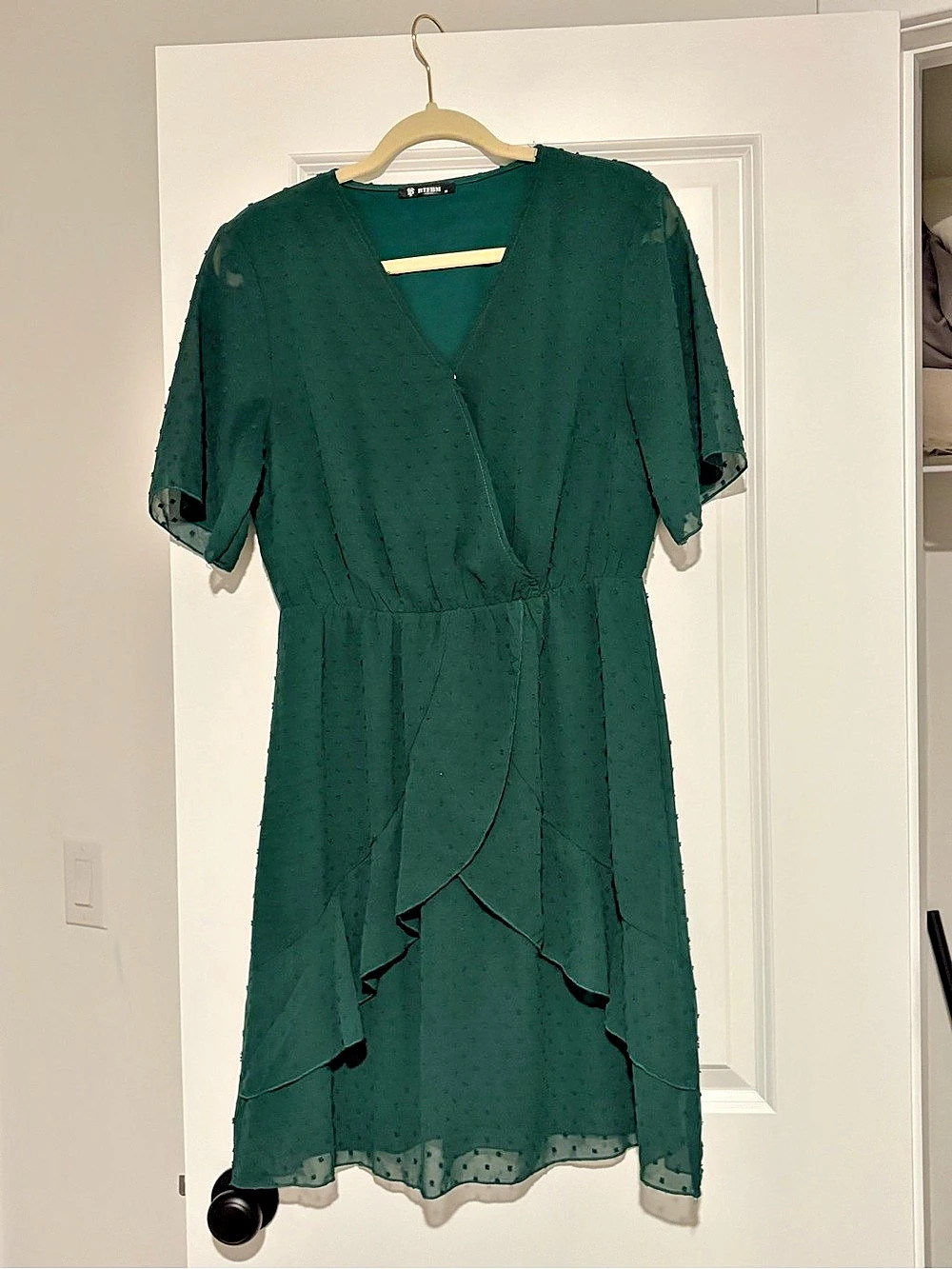 BTFBM Women V Neck Short Sleeve Swiss Dot Wrap Midi Dress Green Medium
